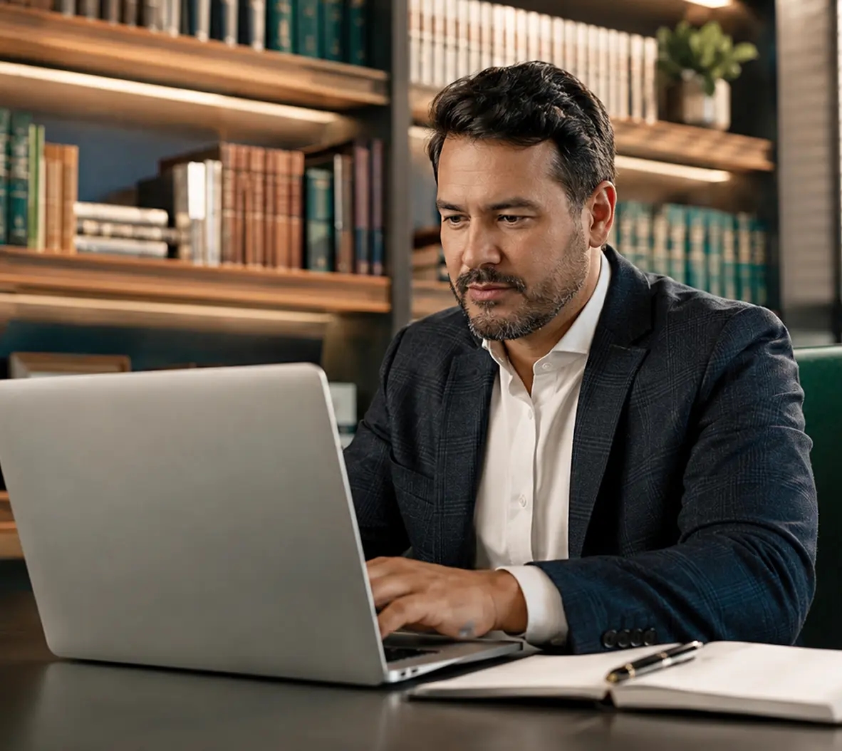 Homem de terno usando o notebook em uma biblioteca com estantes de livros ao fundo