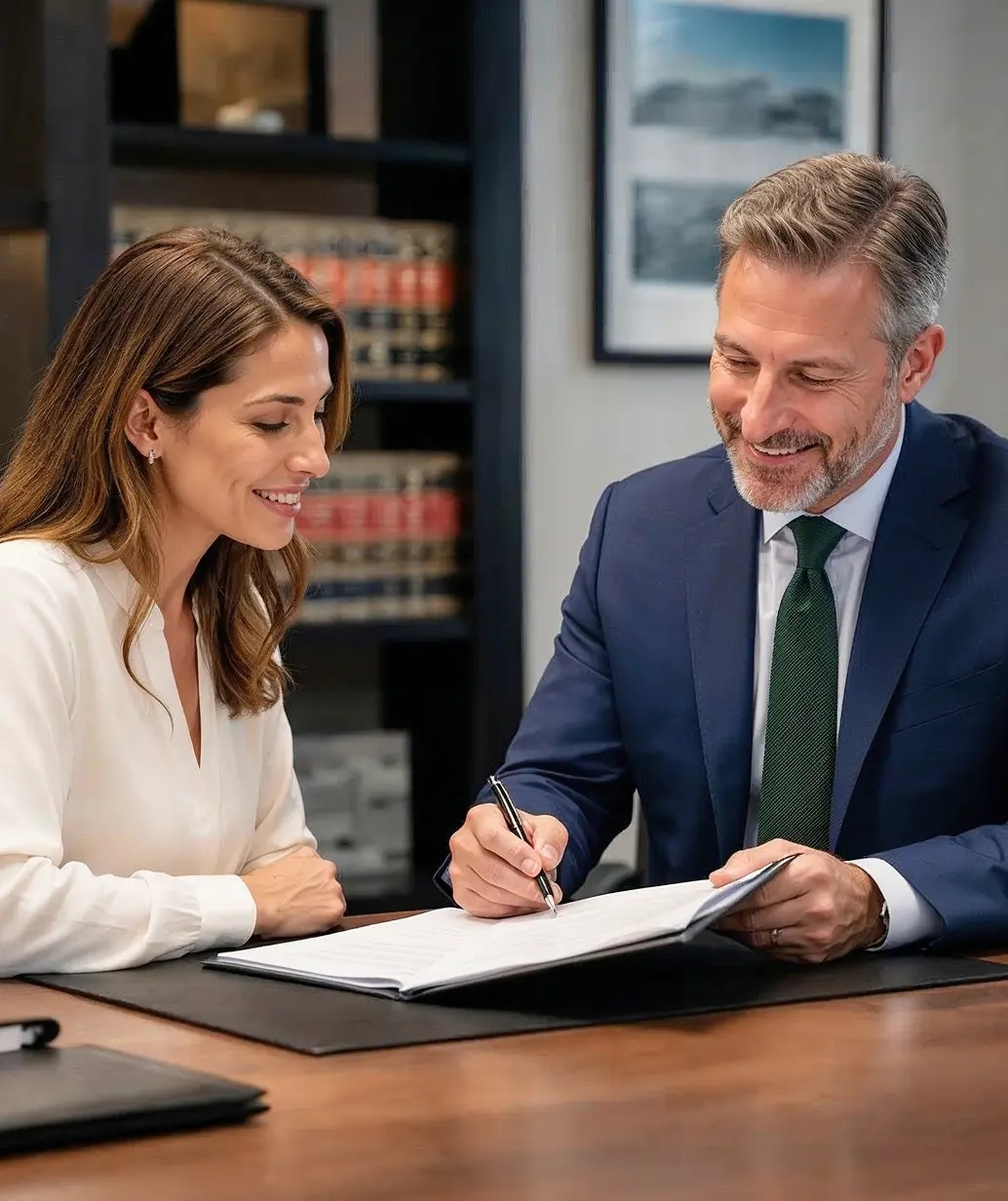Advogado analisando documentos jurídicos no notebook em um escritório