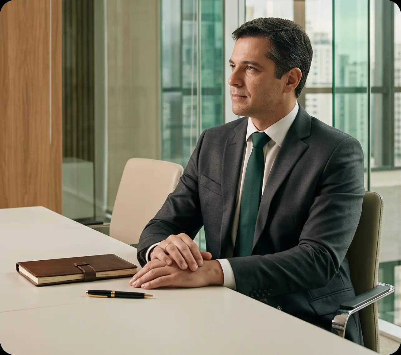 Executivo sentado à mesa de reunião de um escritório corporativo