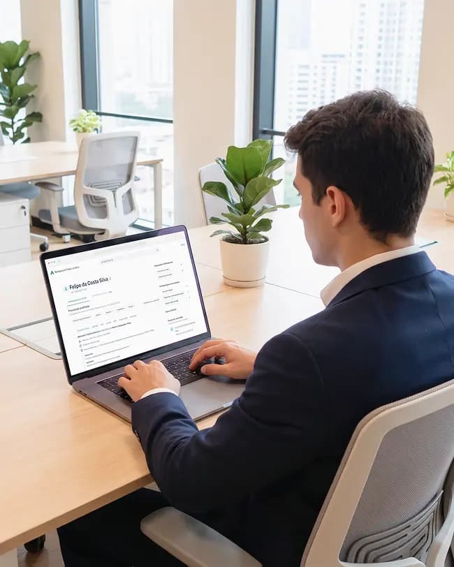 Profissional consultando informações jurídicas no notebook em um escritório corporativo