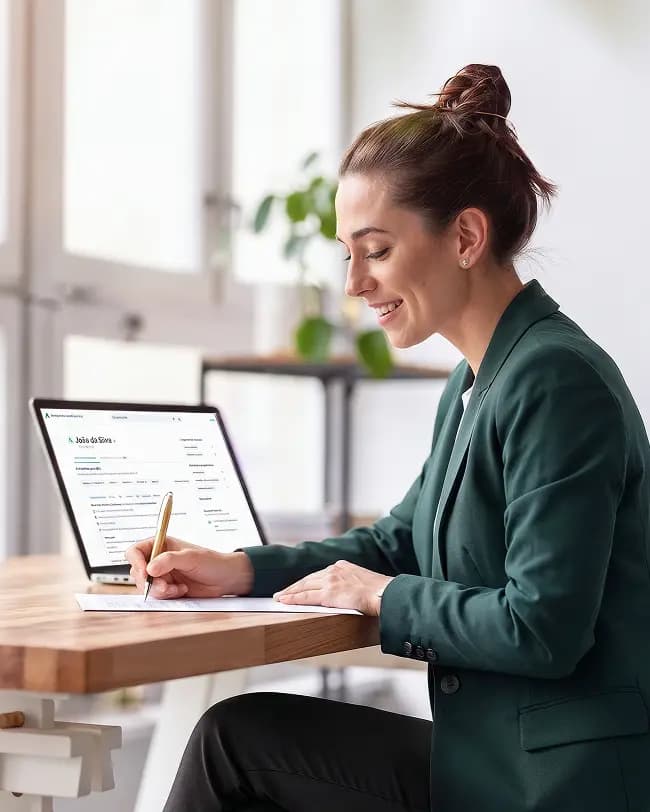 Advogada sorrindo enquanto assina um documento em frente ao notebook com a plataforma Jusbrasil aberta
