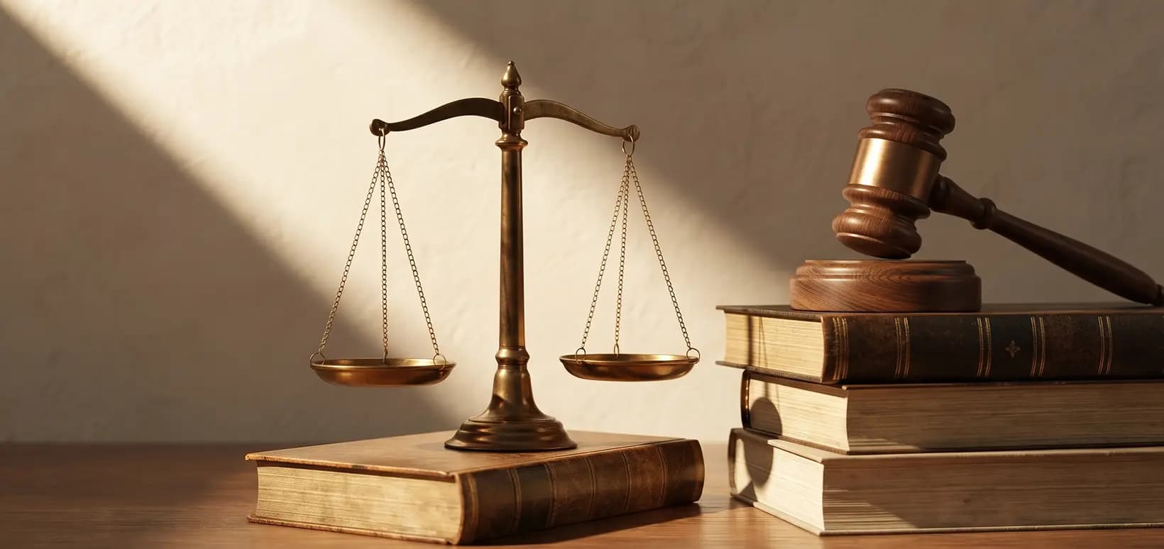 Balança da justiça e martelo apoiados sobre livros jurídicos
