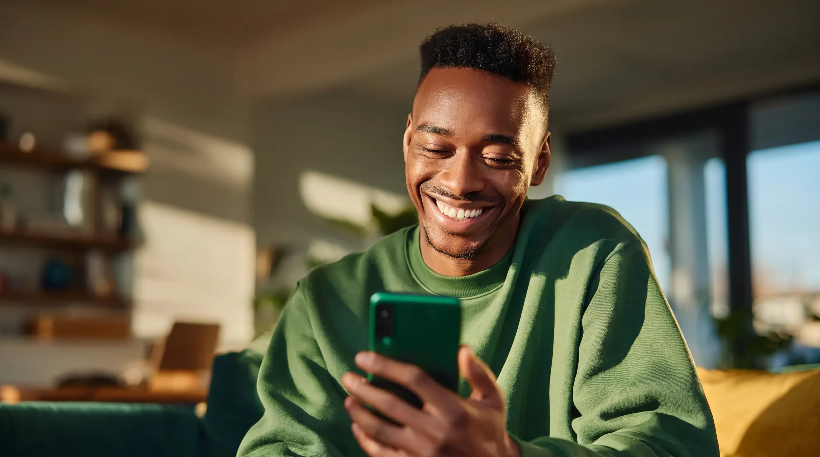 Homem sorrindo enquanto usa o celular em um ambiente de trabalho